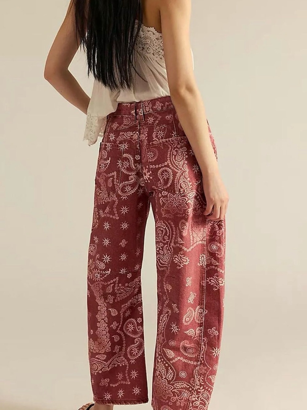 Boutique Red Bandana Paisley Printed Wide Leg Barrel Jeans - Picture 9 of 11